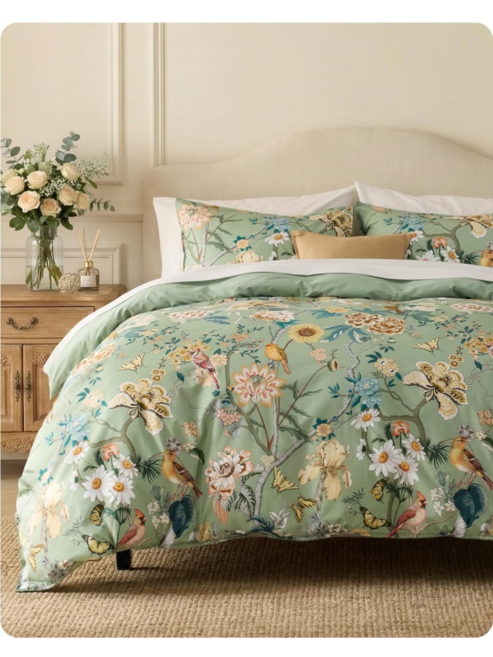 NEW Bedsure PureWoven 100% Cotton Floral Duvet Cover Set, Green Garden. Queen